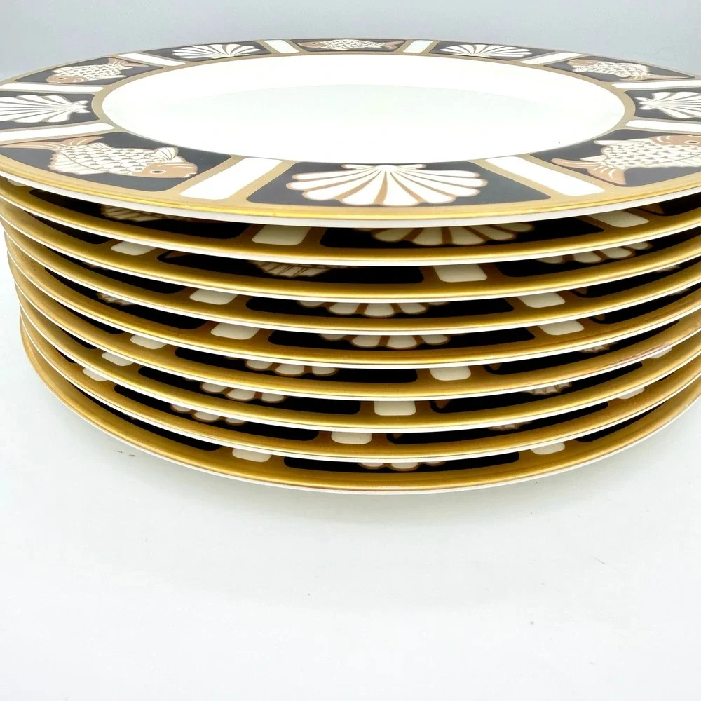 Mikasa Home Dinner Plates 10.5in Bone China Fish Shell Onyx Gold-Tone Set‎ Of 9